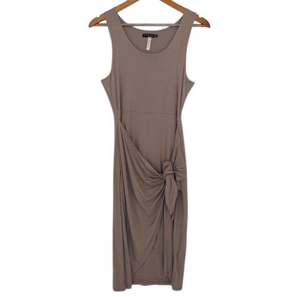 Taupe Knot Front Midi Dress Minimalist Sleeveless Modal Blend Neutral Medium - Picture 2 of 7